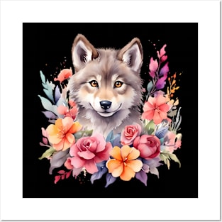 A wolf decorated with beautiful watercolor flowers Posters and Art